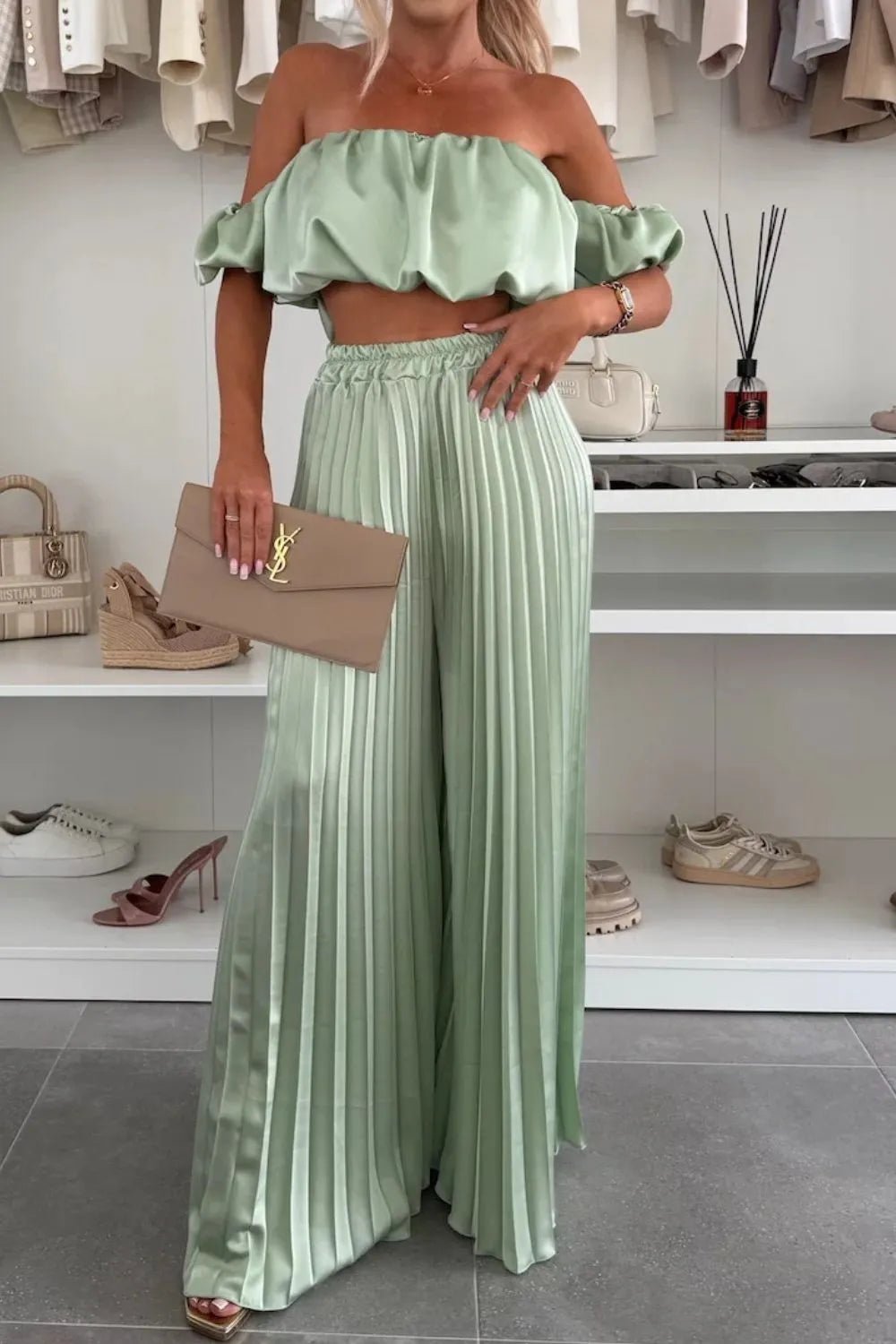Off - Shoulder Top and Pleated Pants Set - Eco4life Clothing and Accessories