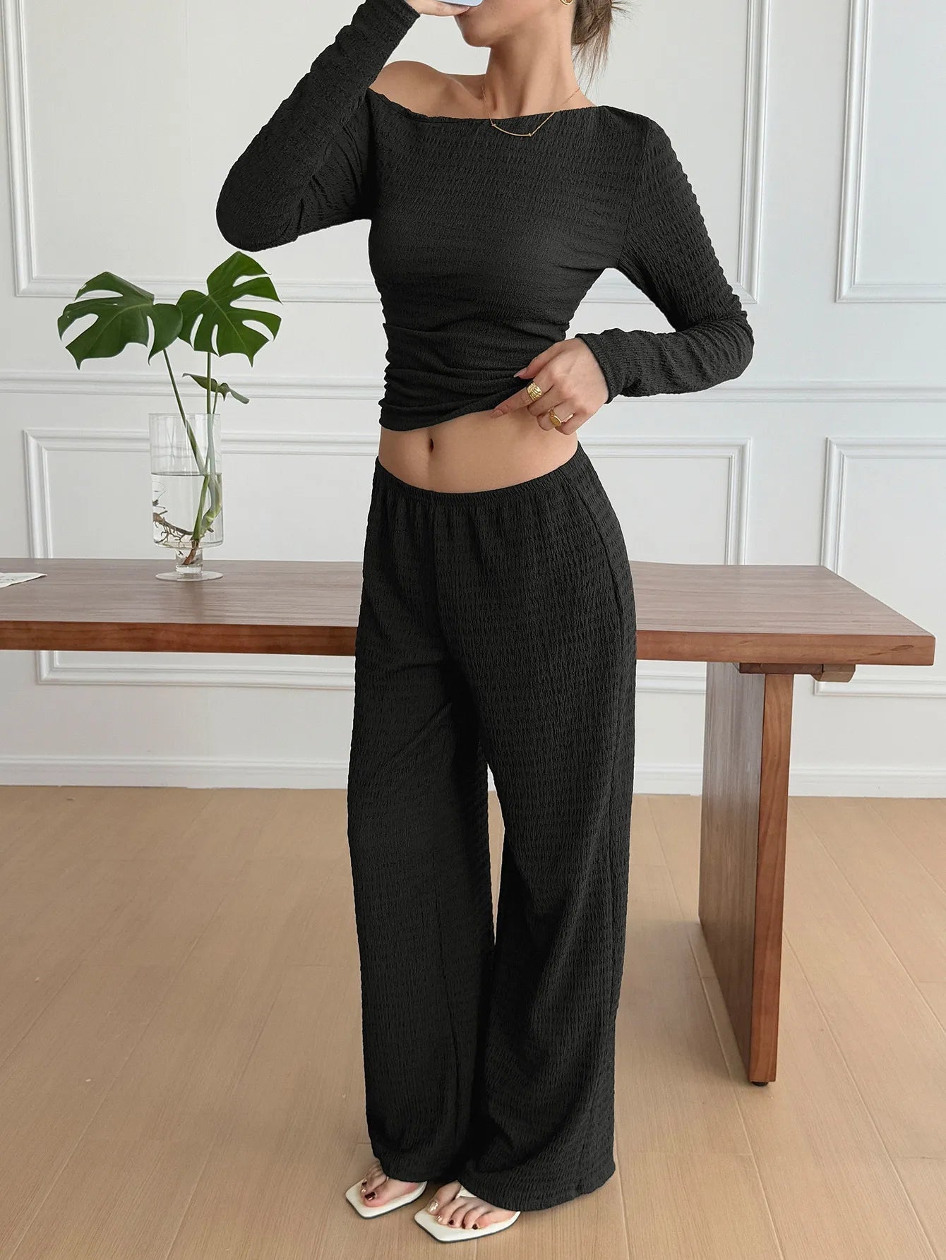 One Shoulder Long Sleeve Top and Pants Set - Eco4life Clothing and Accessories