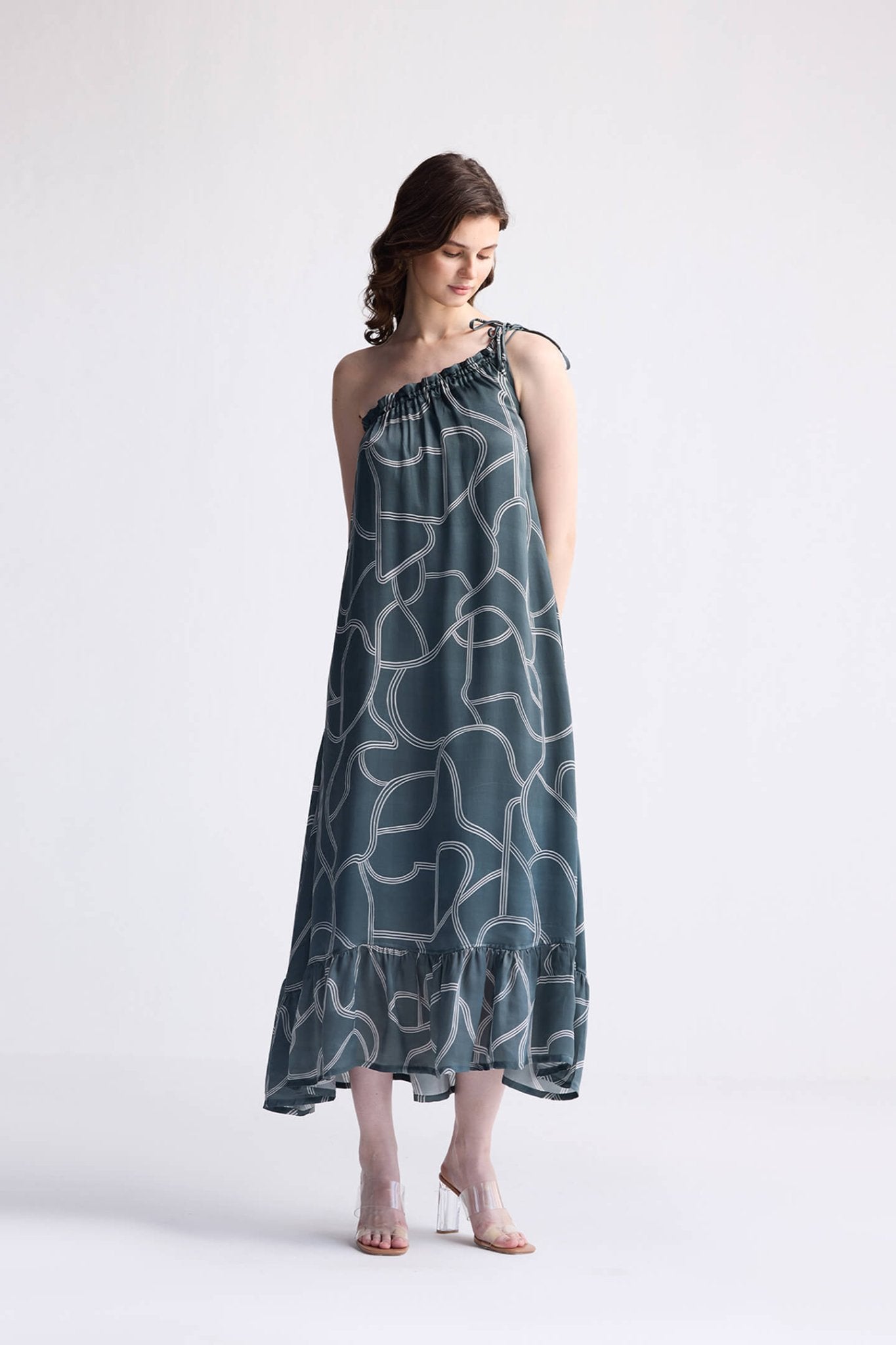 One Shoulder Maxi Dress in Abstract Stripes - Eco4life Clothing and Accessories