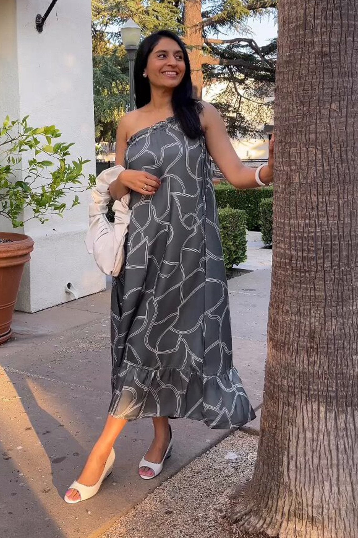 One Shoulder Maxi Dress in Abstract Stripes - Eco4life Clothing and Accessories