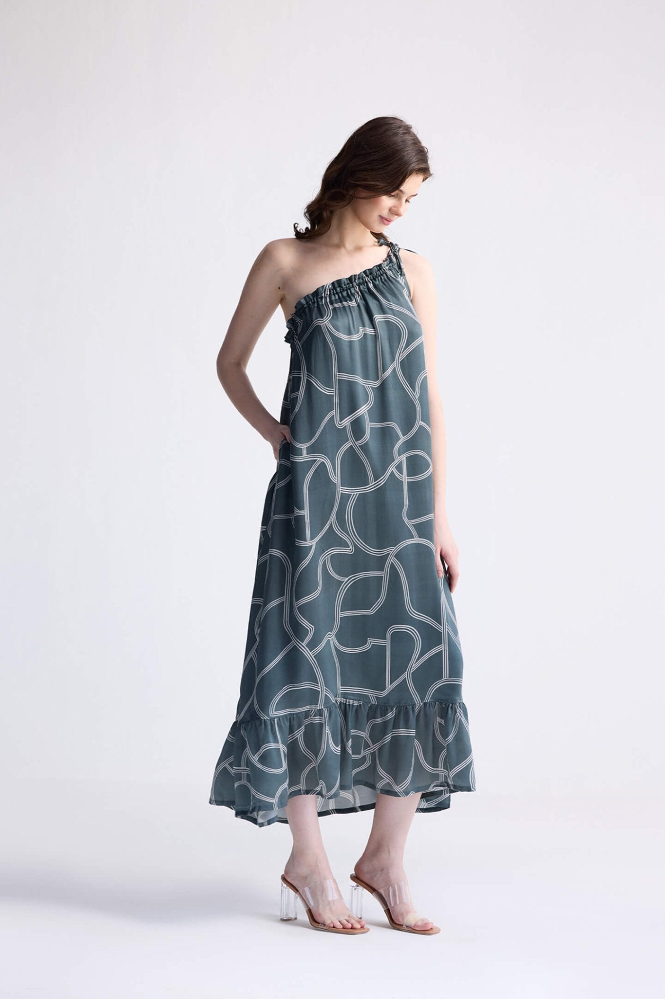 One Shoulder Maxi Dress in Abstract Stripes - Eco4life Clothing and Accessories