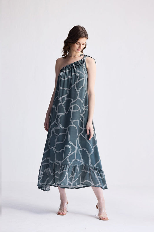 One Shoulder Maxi Dress in Abstract Stripes - Eco4life Clothing and Accessories