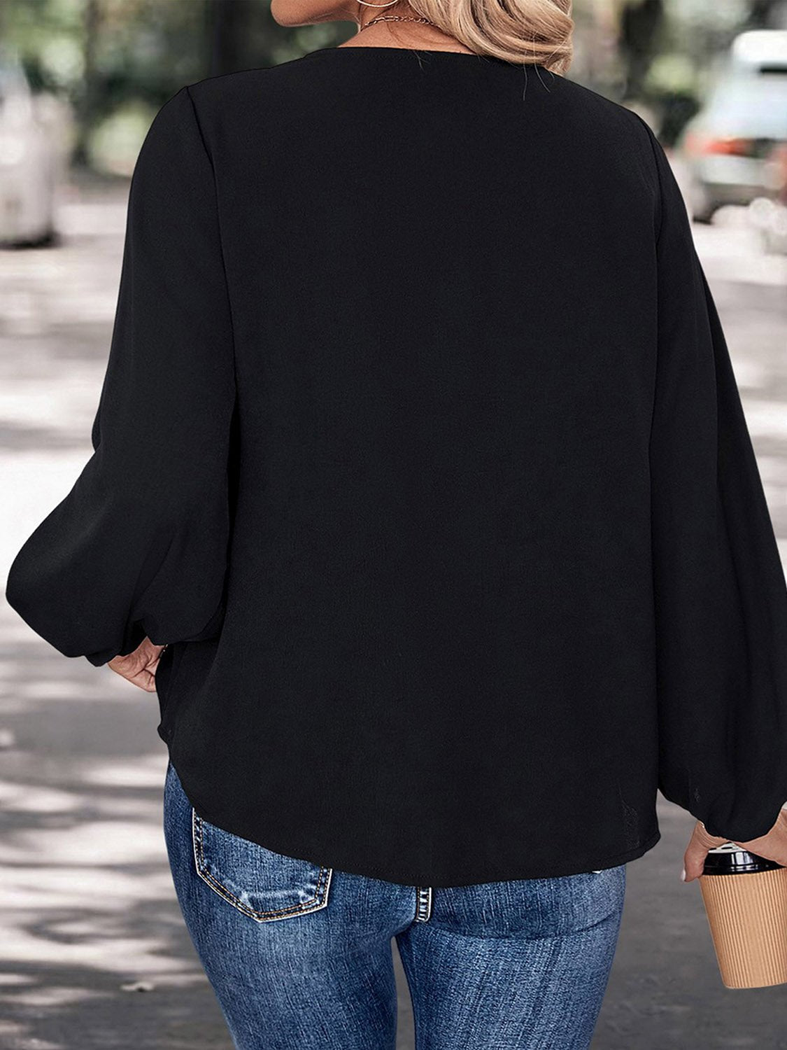 Perfee Contrast V - Neck Long Sleeve Blouse - Eco4life Clothing and Accessories