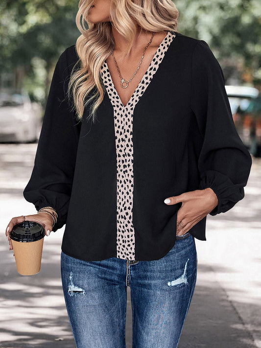 Perfee Contrast V - Neck Long Sleeve Blouse - Eco4life Clothing and Accessories