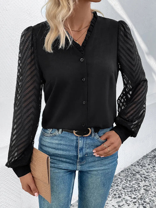 Perfee Mesh V - Neck Button Front Blouse - Eco4life Clothing and Accessories