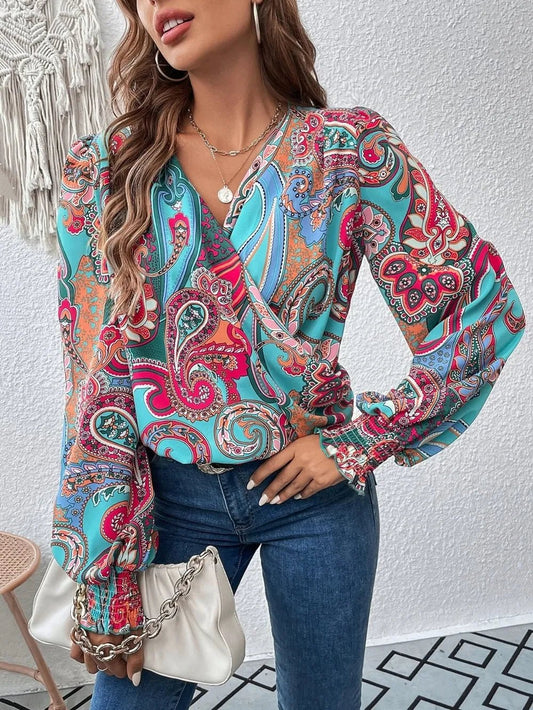 Printed Surplice Smocked Lantern Sleeve Blouse - Eco4life Clothing and Accessories