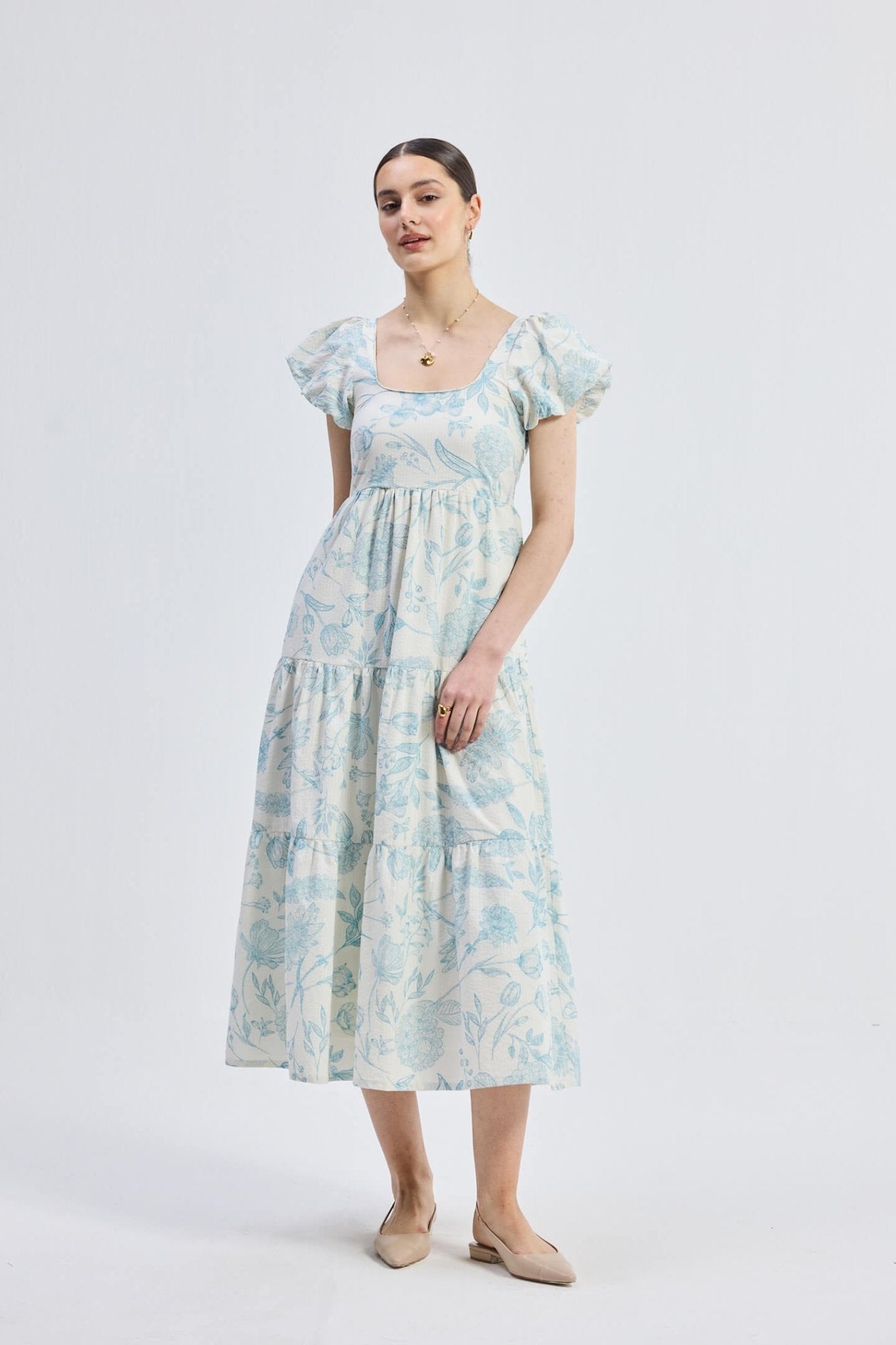 Puff Sleeve Tiered Maxi Dress in Blue Florals - Eco4life Clothing and Accessories