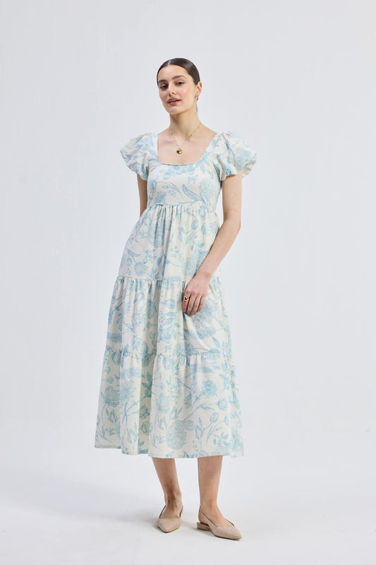 Puff Sleeve Tiered Maxi Dress in Blue Florals - Eco4life Clothing and Accessories