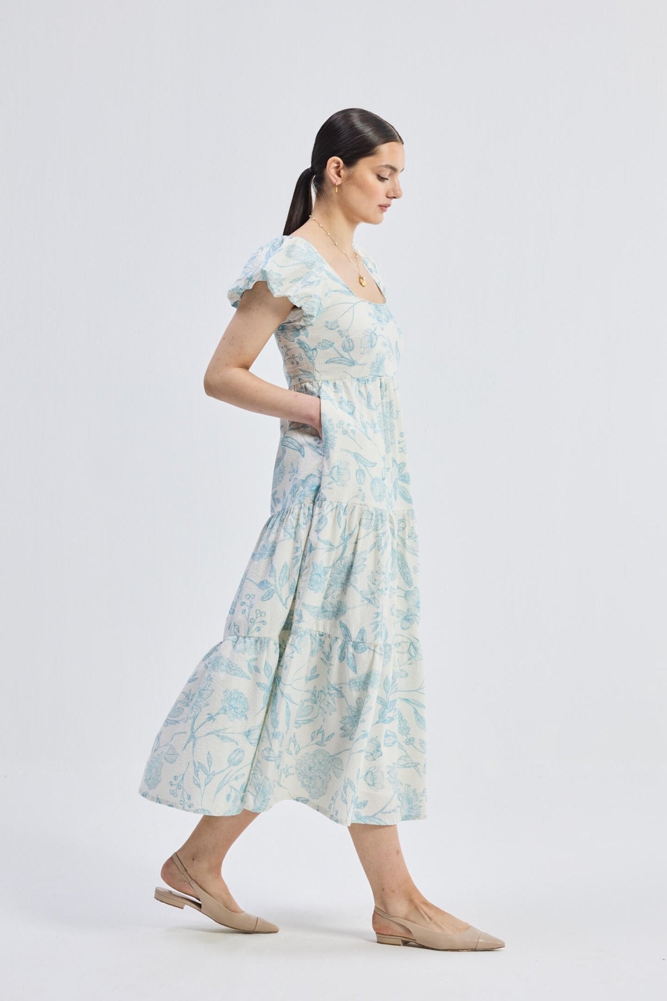 Puff Sleeve Tiered Maxi Dress in Blue Florals - Eco4life Clothing and Accessories