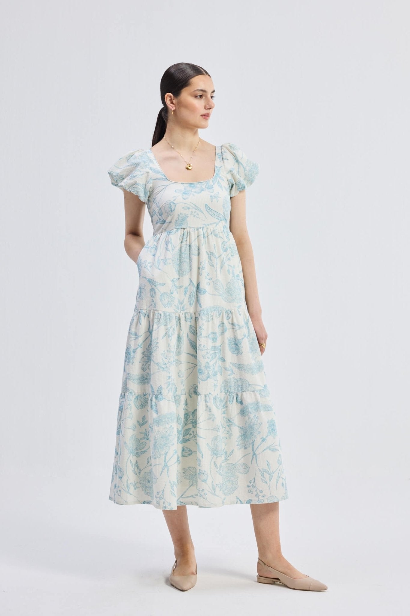 Puff Sleeve Tiered Maxi Dress in Blue Florals - Eco4life Clothing and Accessories
