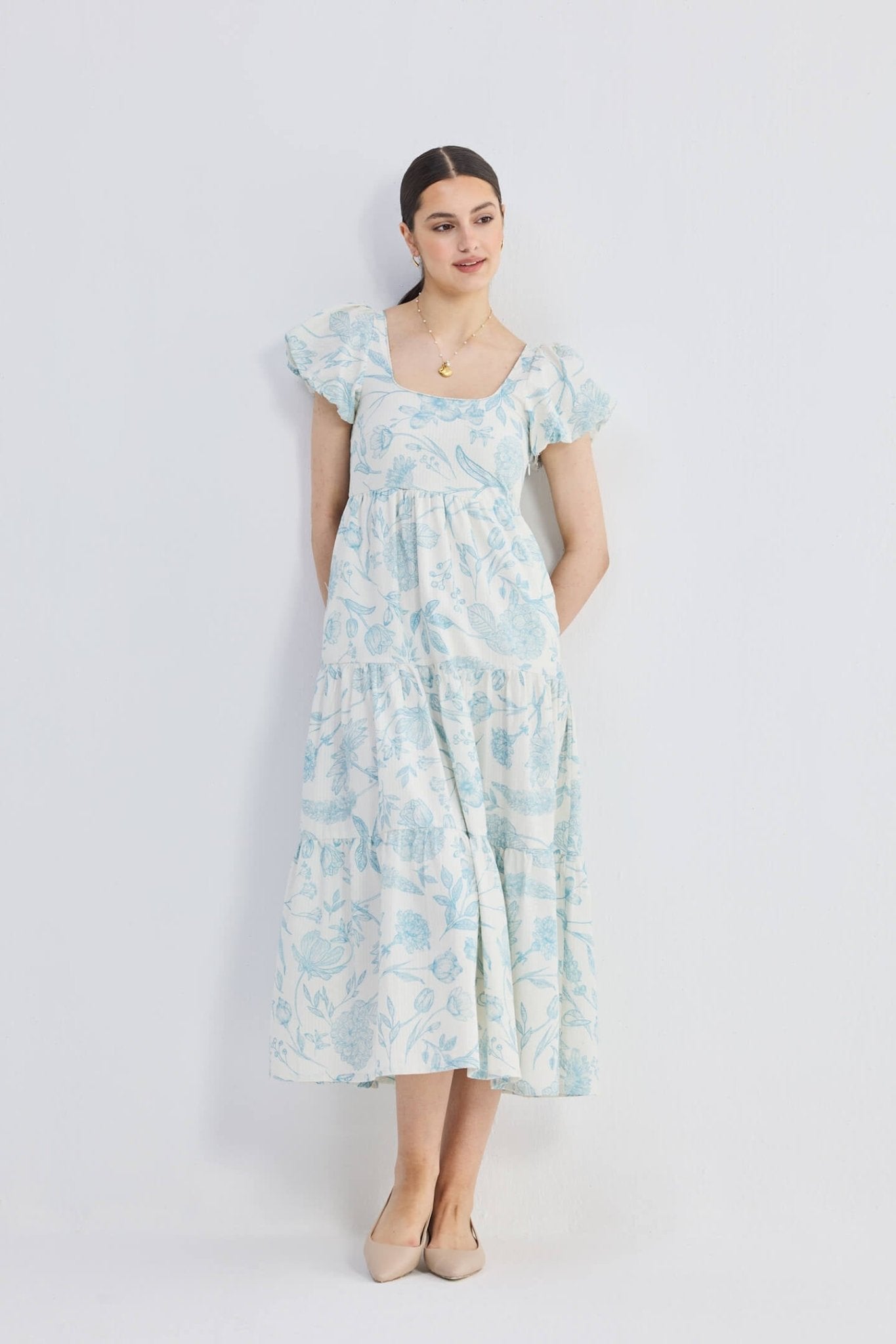 Puff Sleeve Tiered Maxi Dress in Blue Florals - Eco4life Clothing and Accessories