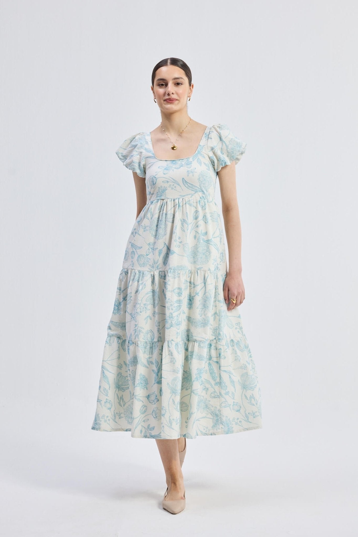 Puff Sleeve Tiered Maxi Dress in Blue Florals - Eco4life Clothing and Accessories