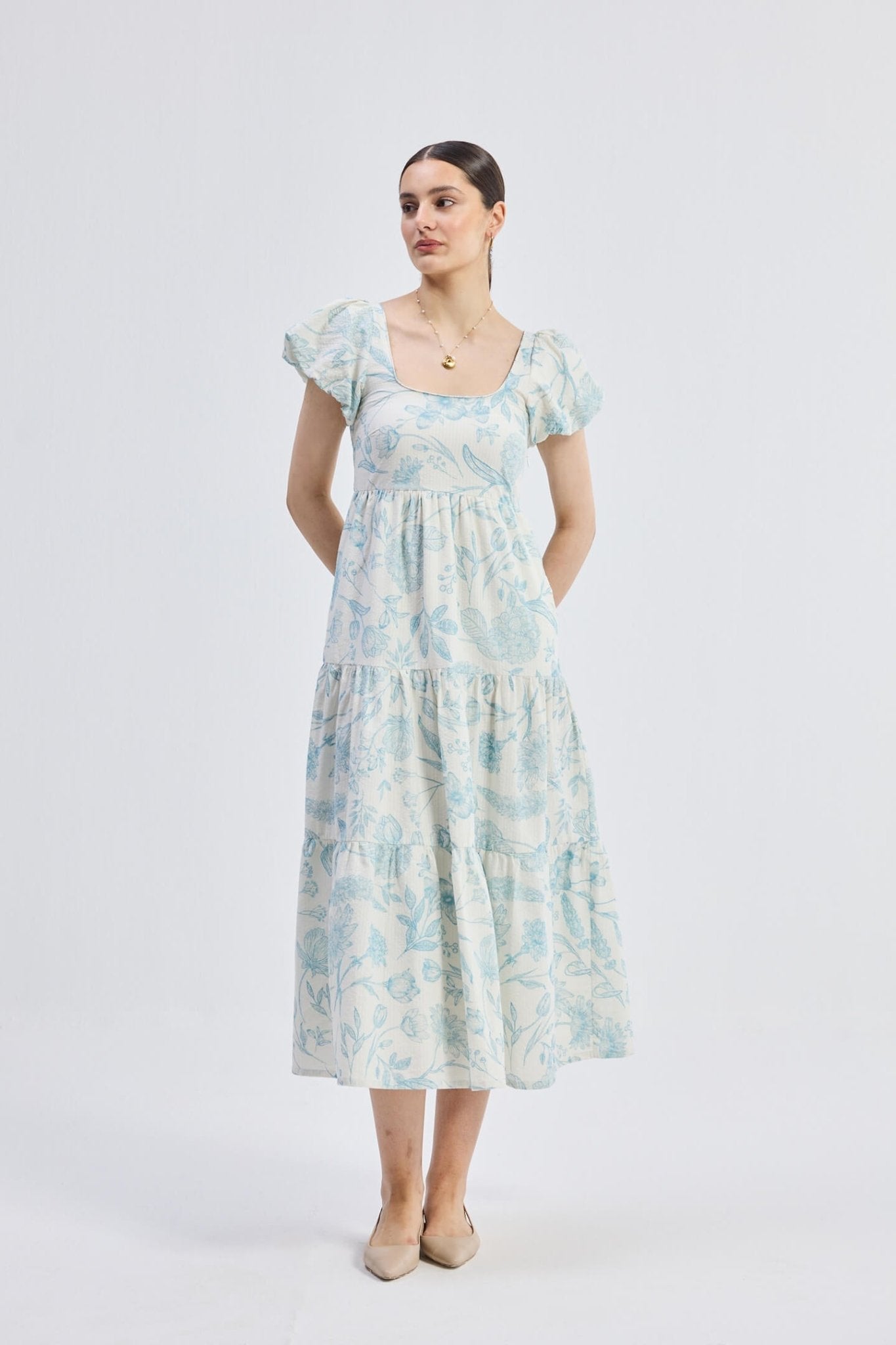 Puff Sleeve Tiered Maxi Dress in Blue Florals - Eco4life Clothing and Accessories