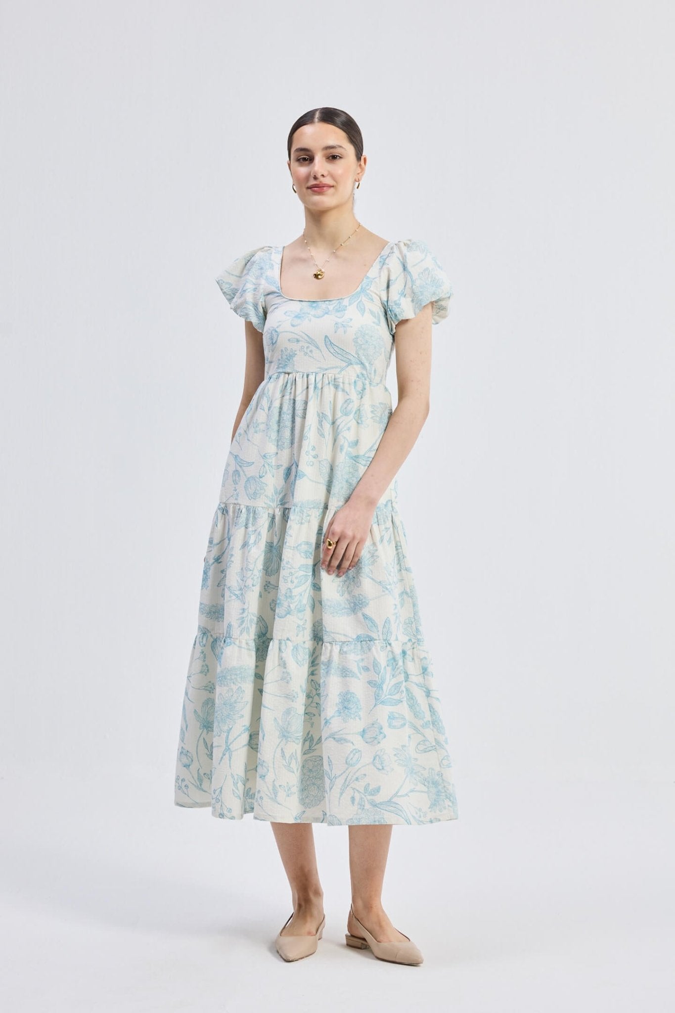 Puff Sleeve Tiered Maxi Dress in Blue Florals - Eco4life Clothing and Accessories