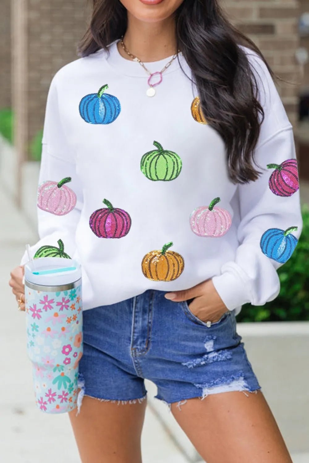 Pumpkin Round Neck Long Sleeve Sweatshirt - Eco4life Clothing and Accessories