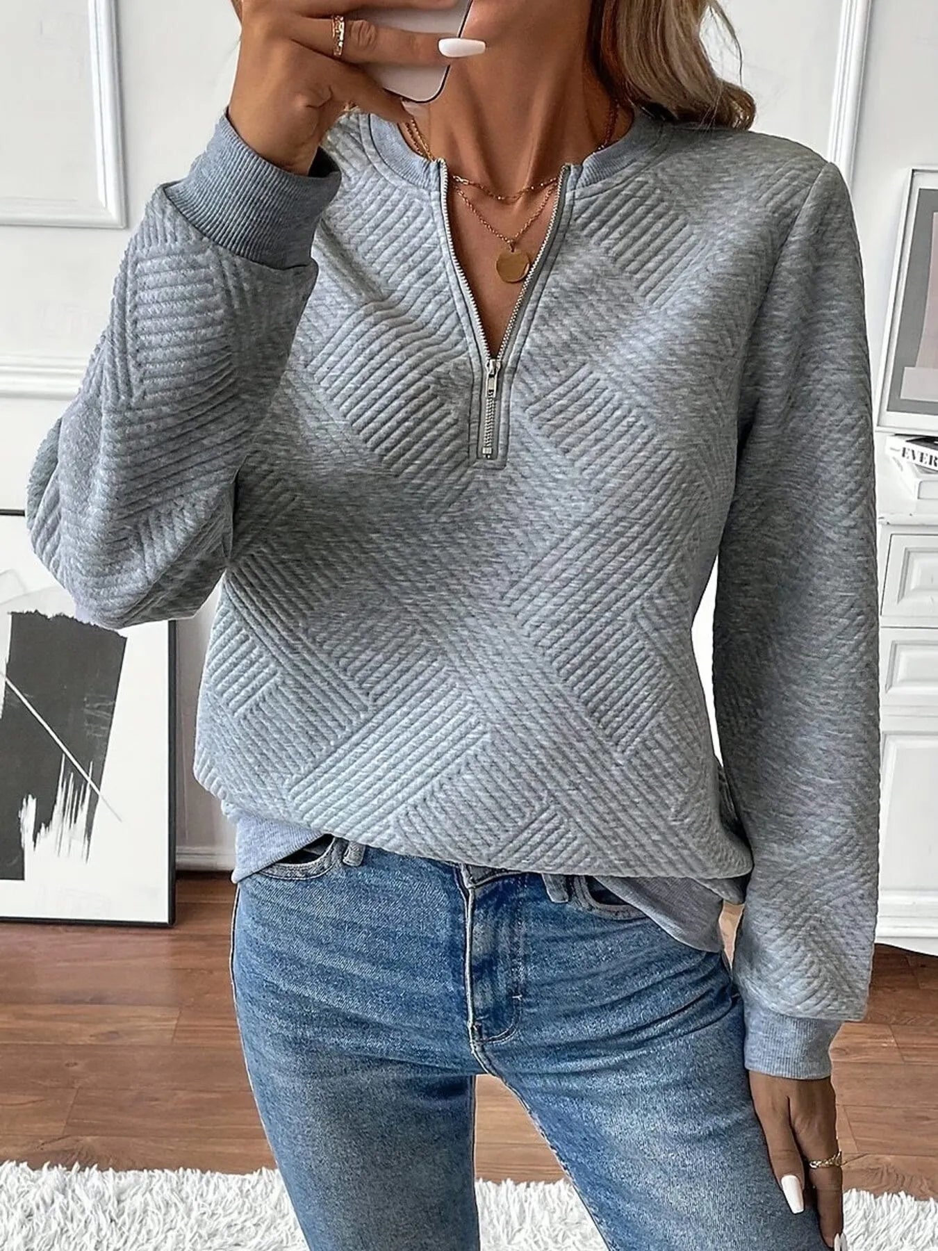 Quarter Zip Textured Long Sleeve Sweatshirt - Eco4life Clothing and Accessories
