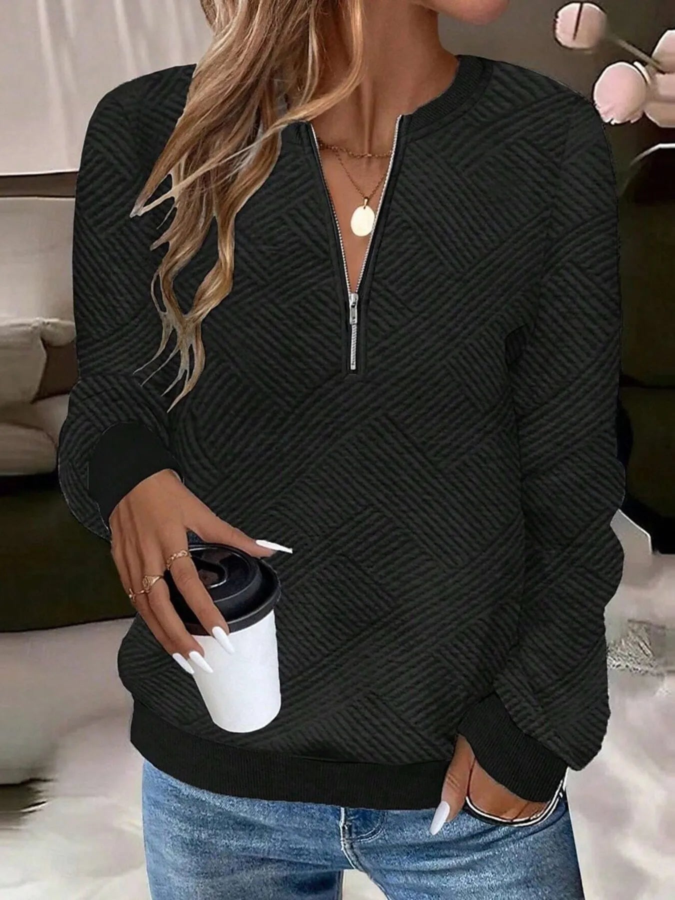 Quarter Zip Textured Long Sleeve Sweatshirt - Eco4life Clothing and Accessories