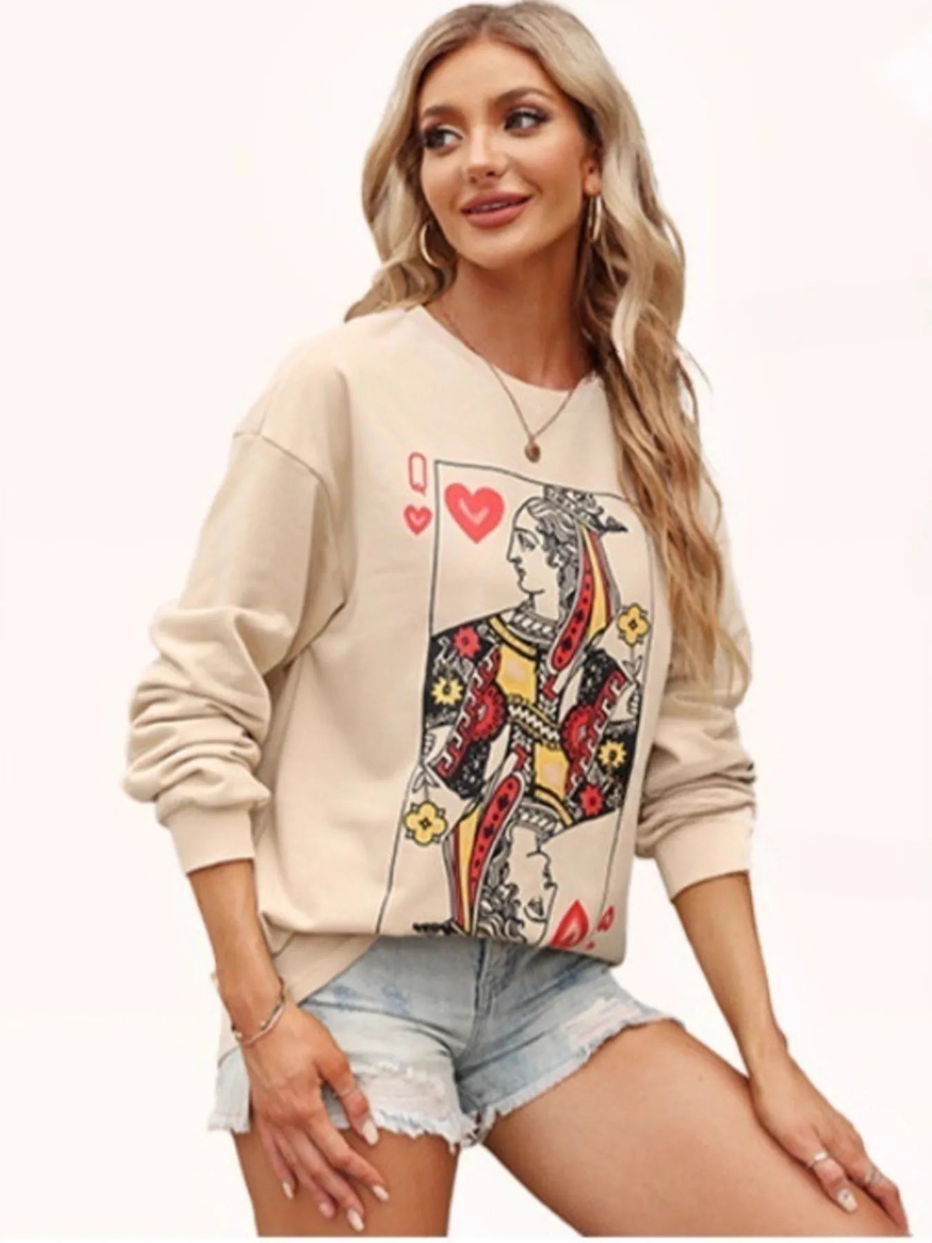 Queen of Hearts Playing Card Graphic Round Neck Sweatshirt - Eco4life Clothing and Accessories