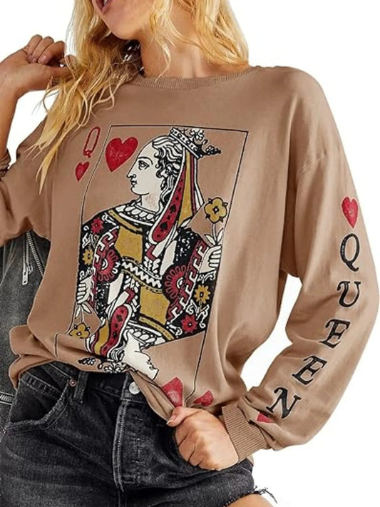 Queen of Hearts Playing Card Graphic Round Neck Sweatshirt - Eco4life Clothing and Accessories