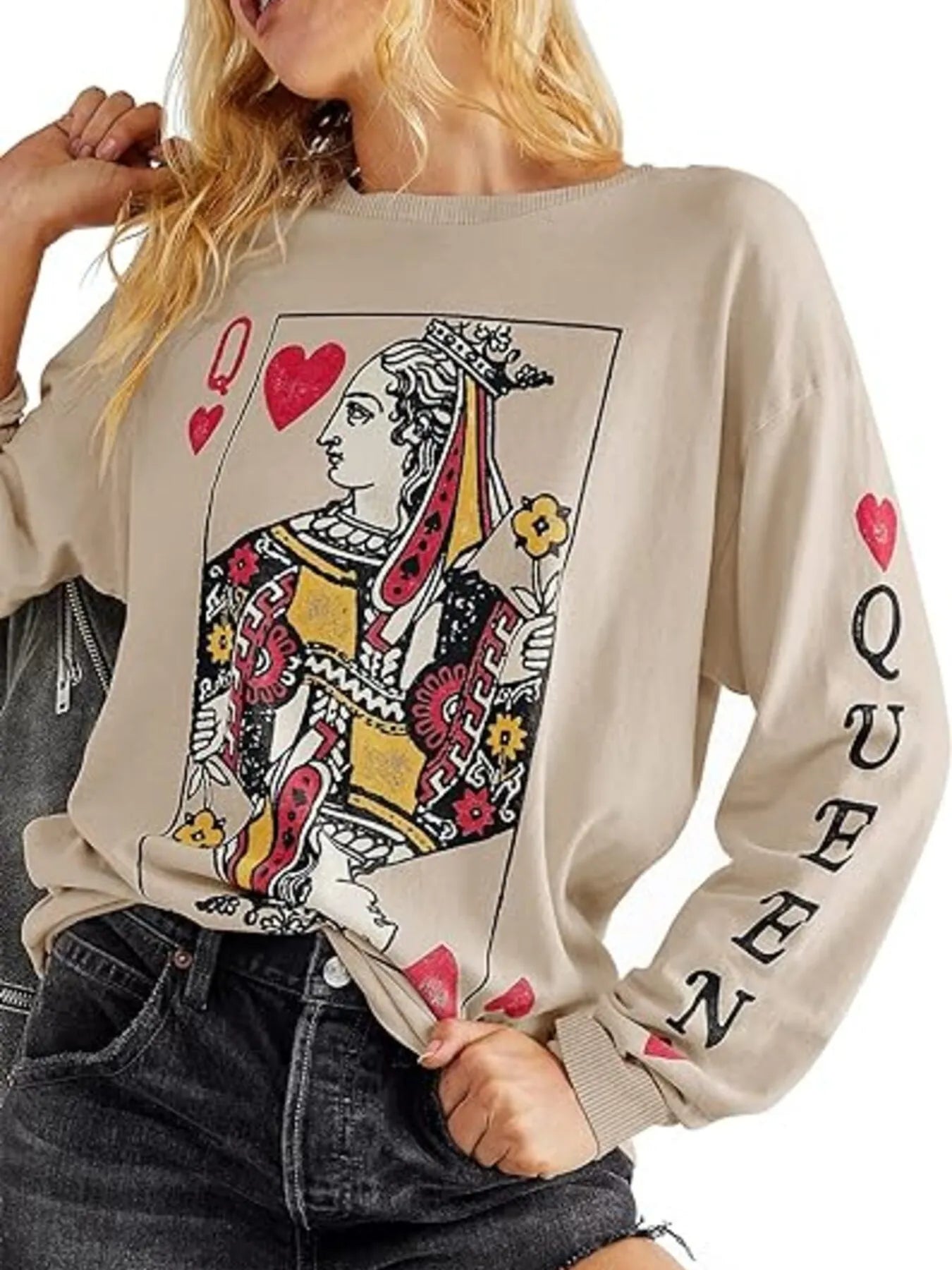 Queen of Hearts Playing Card Graphic Round Neck Sweatshirt - Eco4life Clothing and Accessories