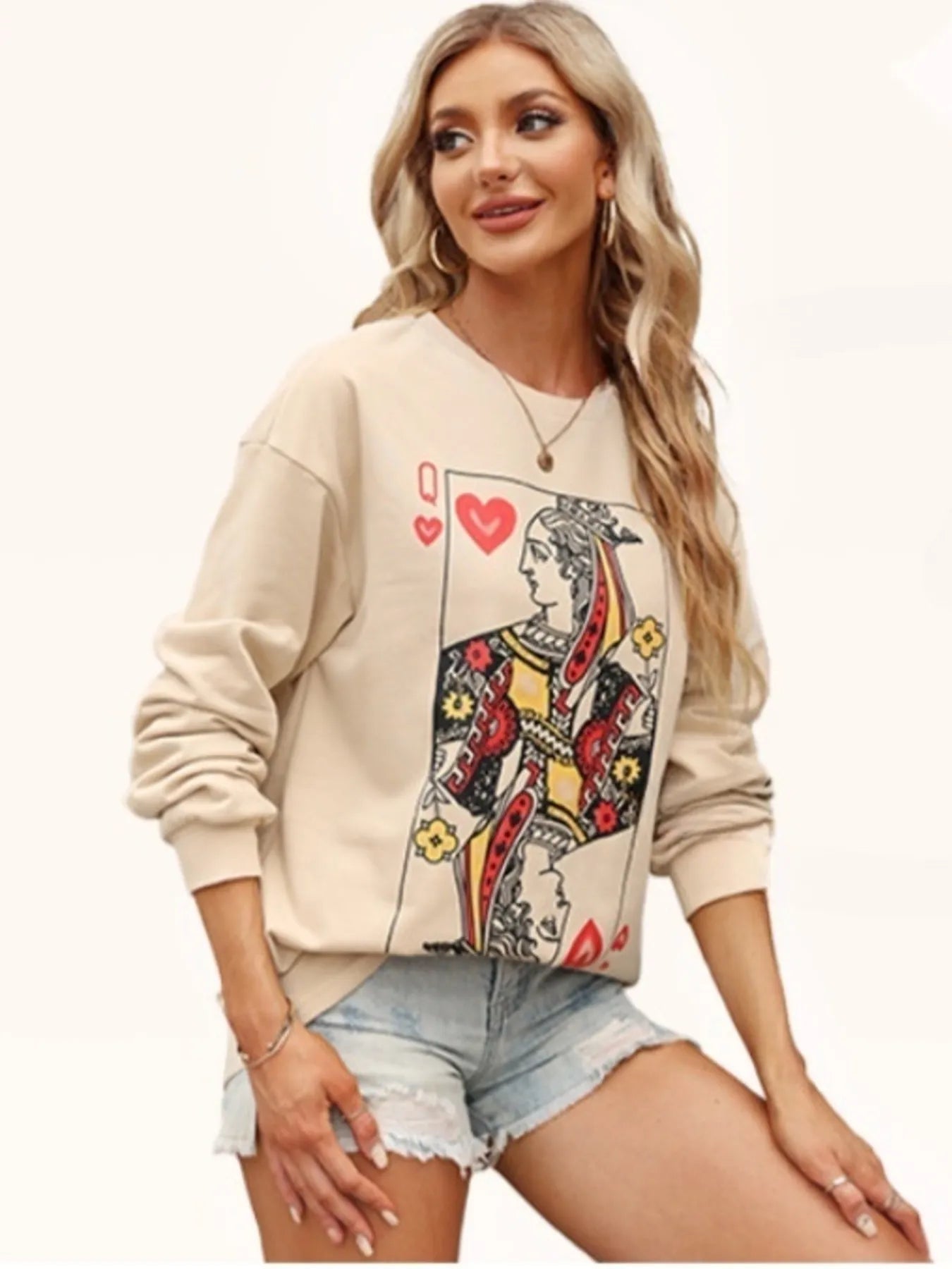 Queen of Hearts Playing Card Graphic Round Neck Sweatshirt - Eco4life Clothing and Accessories