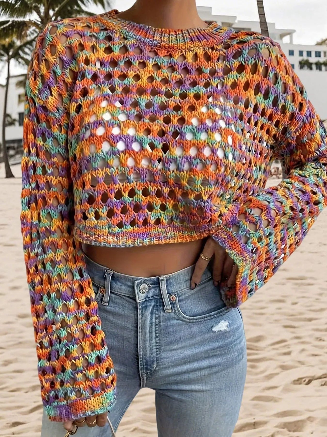 Rainbow Crochet Hollow Out Cropped Sweater - Eco4life Clothing and Accessories