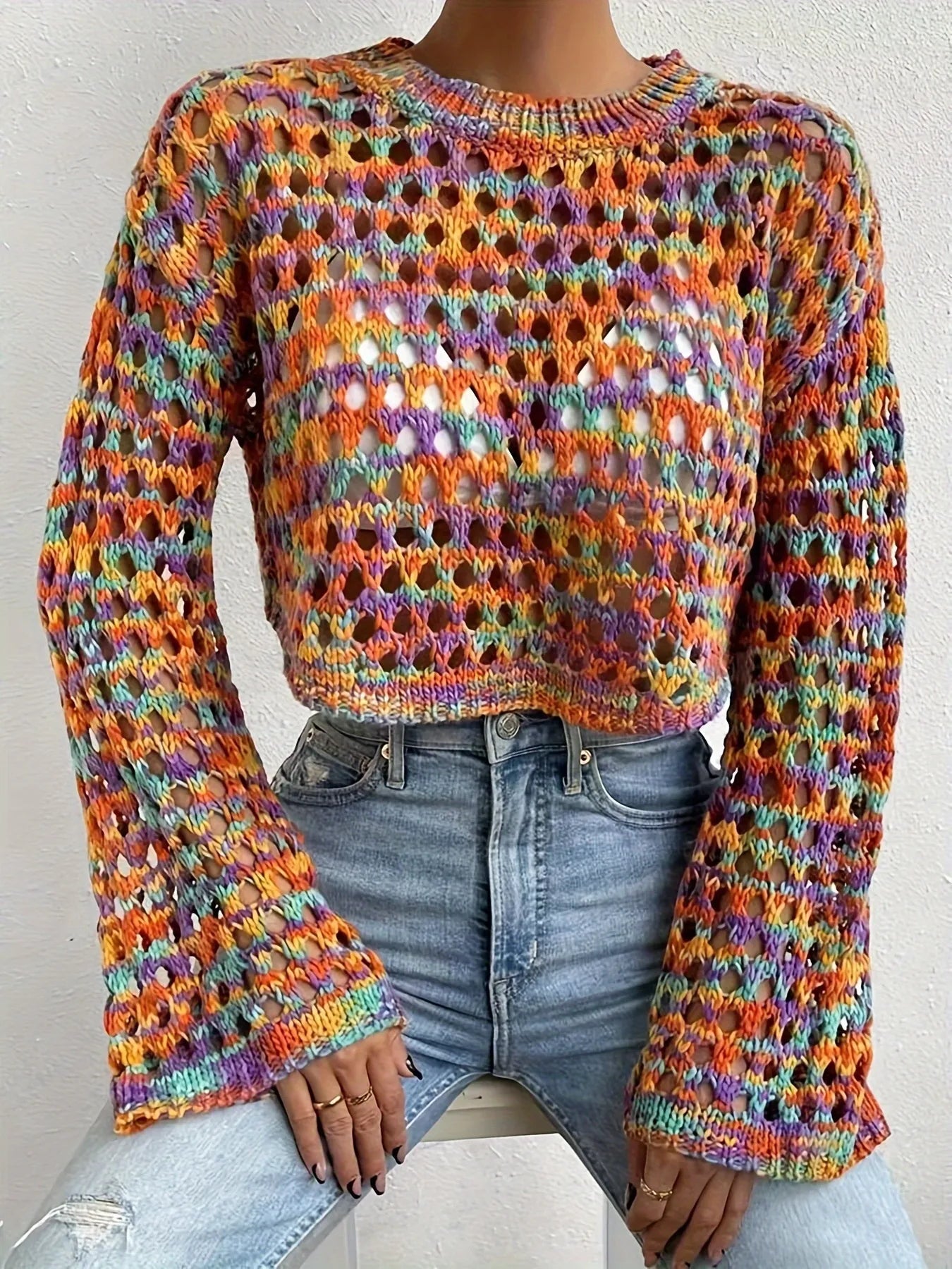 Rainbow Crochet Hollow Out Cropped Sweater - Eco4life Clothing and Accessories