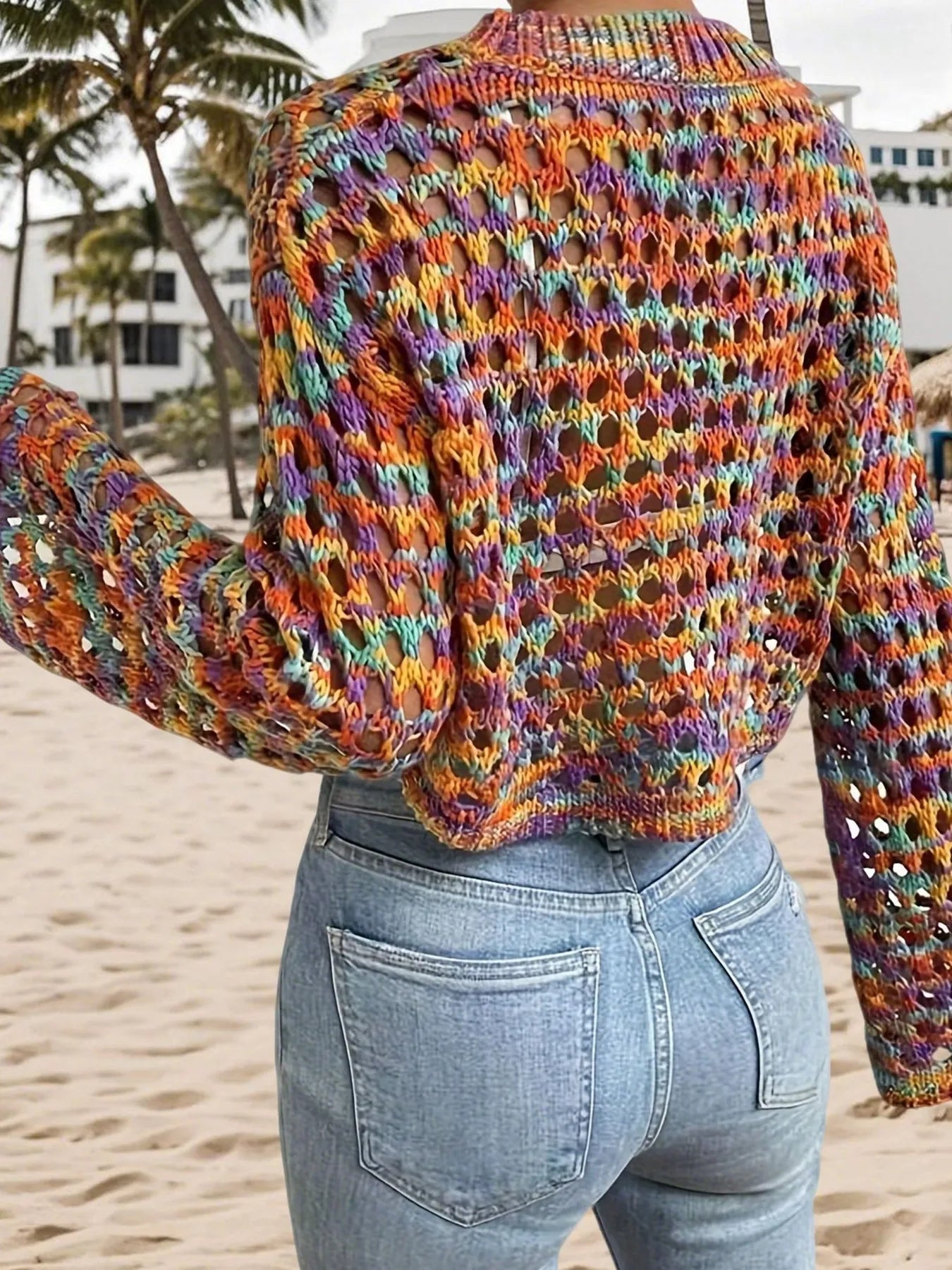 Rainbow Crochet Hollow Out Cropped Sweater - Eco4life Clothing and Accessories