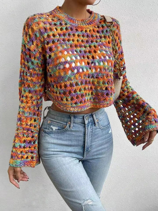 Rainbow Crochet Hollow Out Cropped Sweater - Eco4life Clothing and Accessories