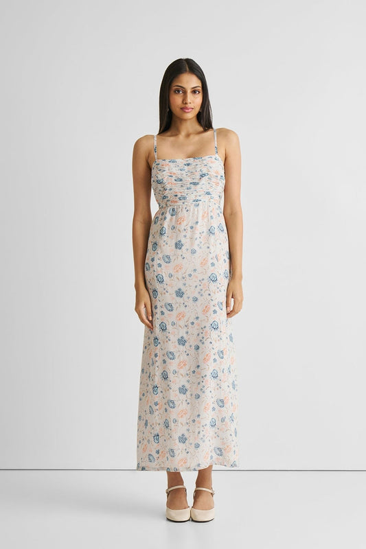 Ruched Floral Strappy Maxi Dress - Eco4life Clothing and Accessories