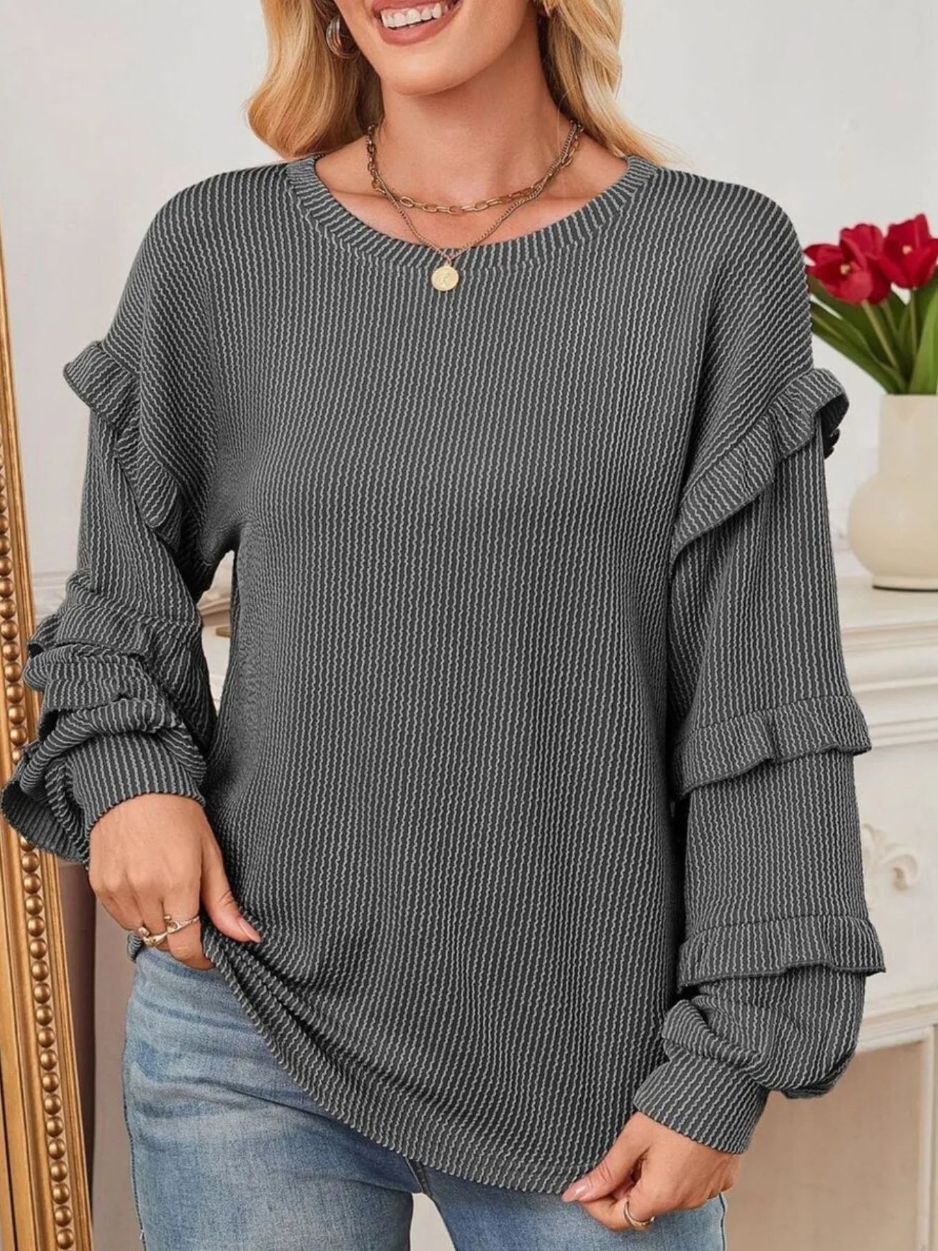 Ruffled Round Neck Long Sleeve Sweatshirt - Eco4life Clothing and Accessories