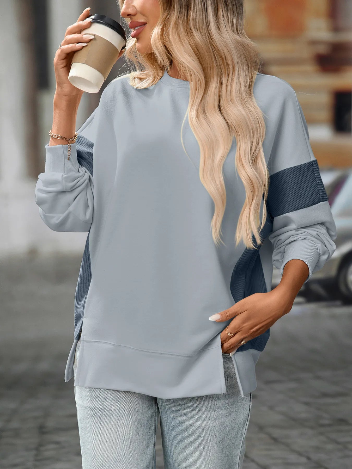 Slit Round Neck Long Sleeve Sweatshirt - Eco4life Clothing and Accessories