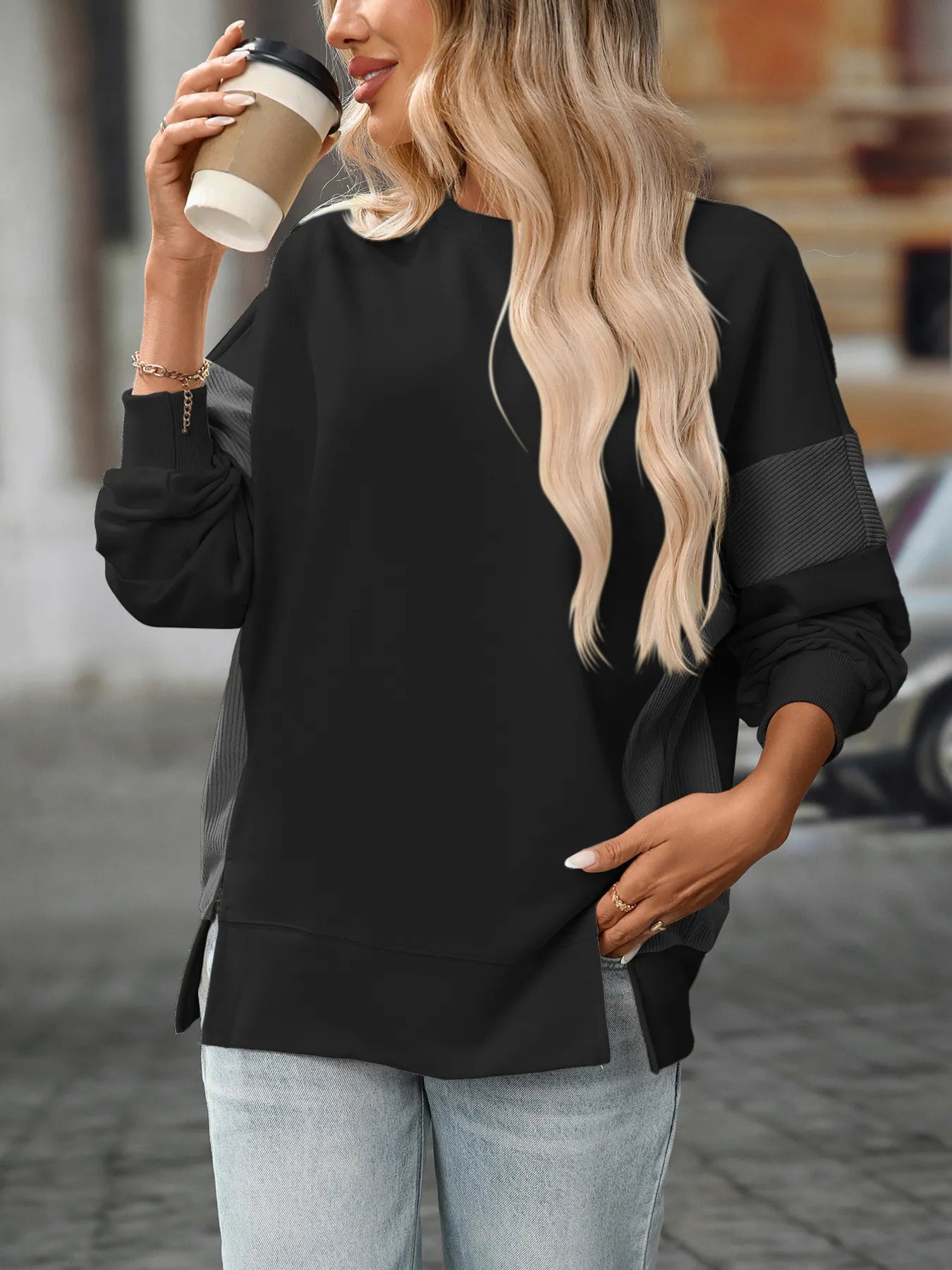 Slit Round Neck Long Sleeve Sweatshirt - Eco4life Clothing and Accessories