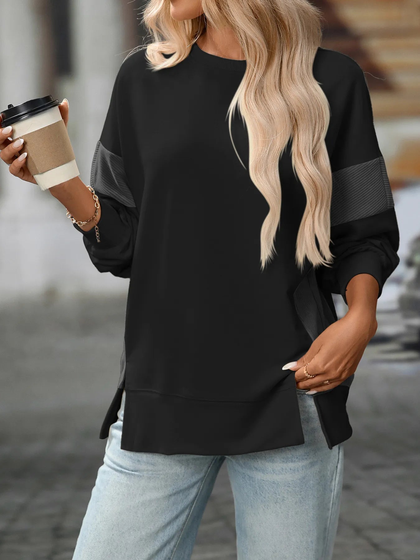 Slit Round Neck Long Sleeve Sweatshirt - Eco4life Clothing and Accessories