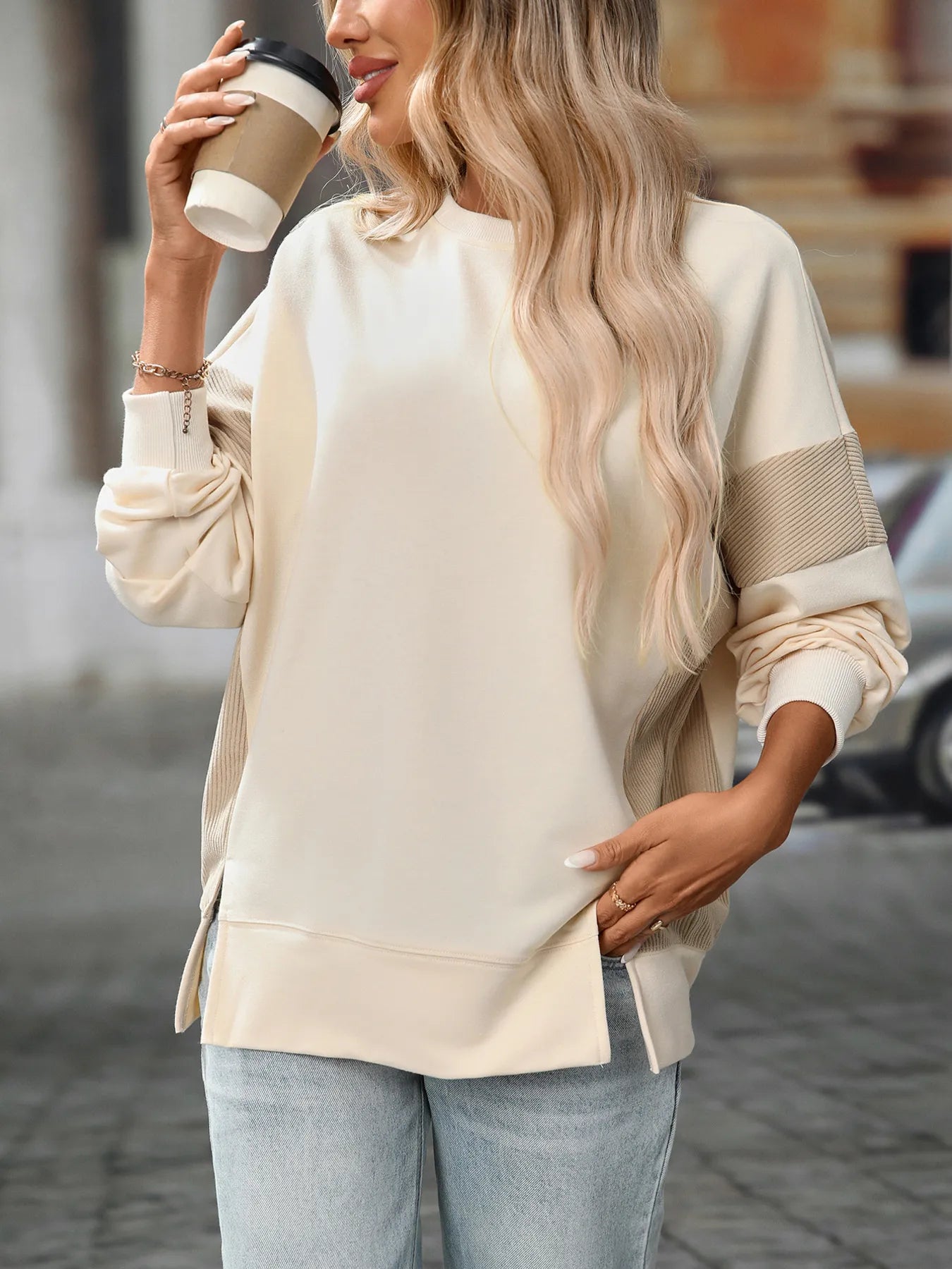 Slit Round Neck Long Sleeve Sweatshirt - Eco4life Clothing and Accessories