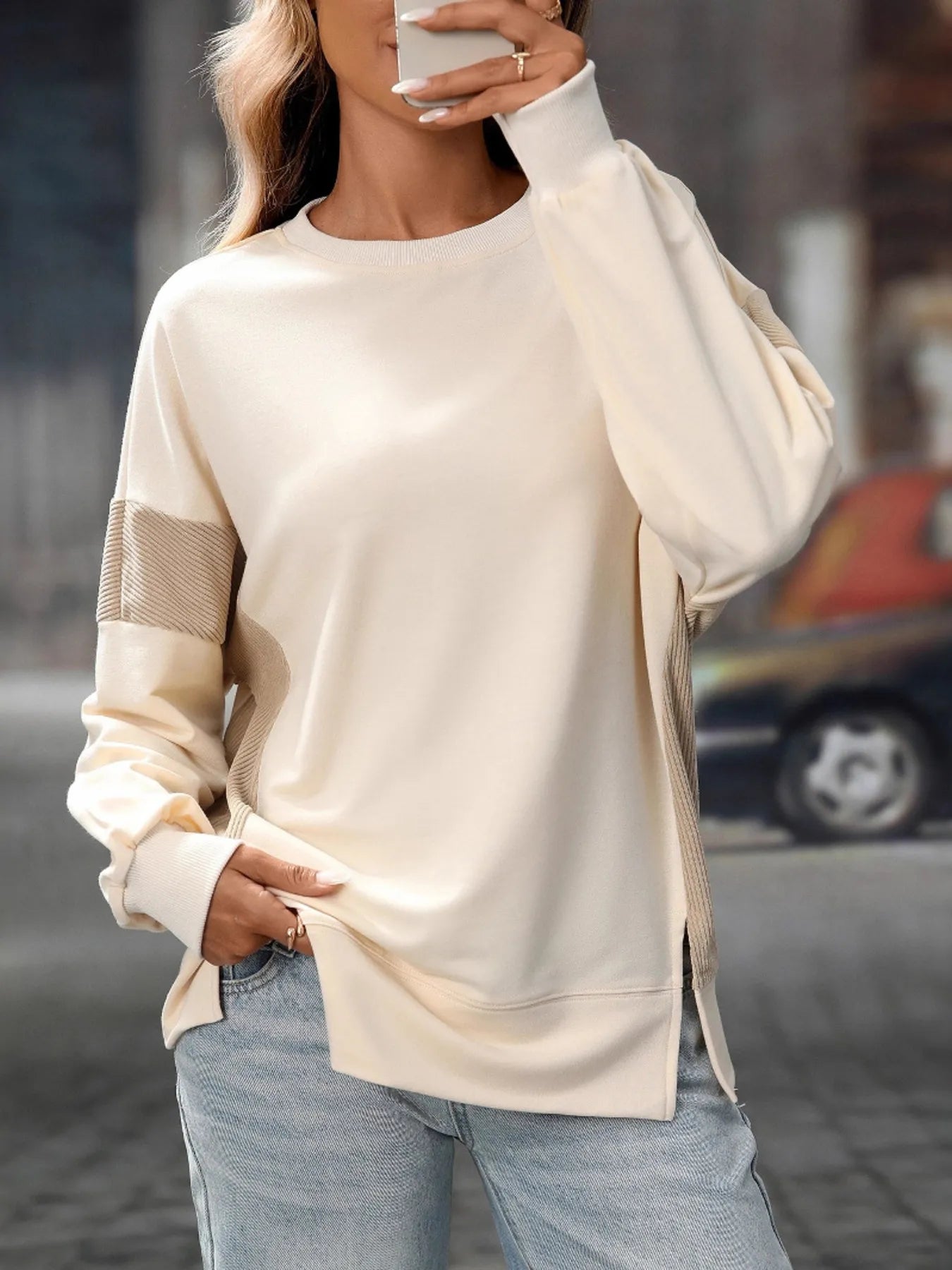 Slit Round Neck Long Sleeve Sweatshirt - Eco4life Clothing and Accessories