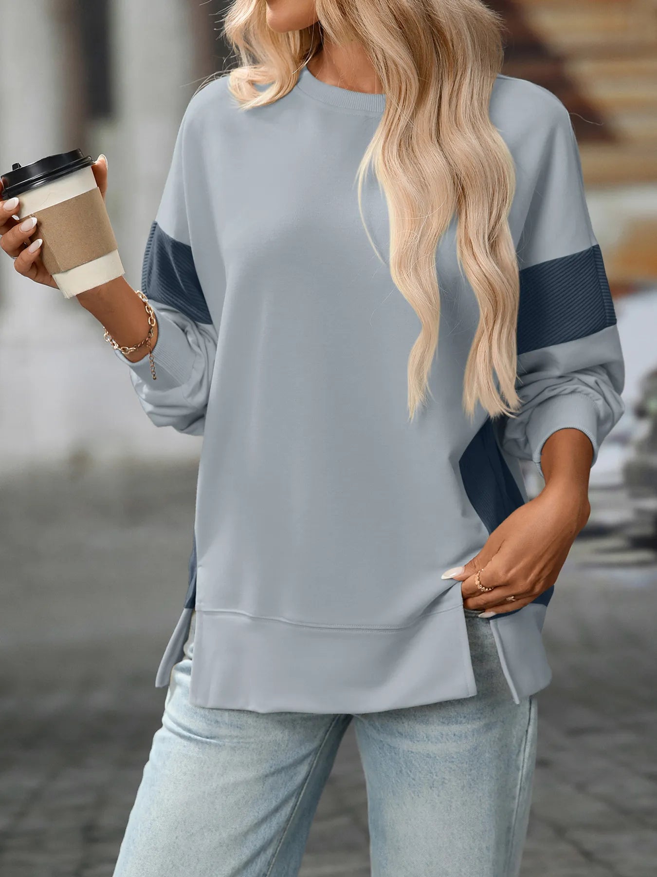 Slit Round Neck Long Sleeve Sweatshirt - Eco4life Clothing and Accessories