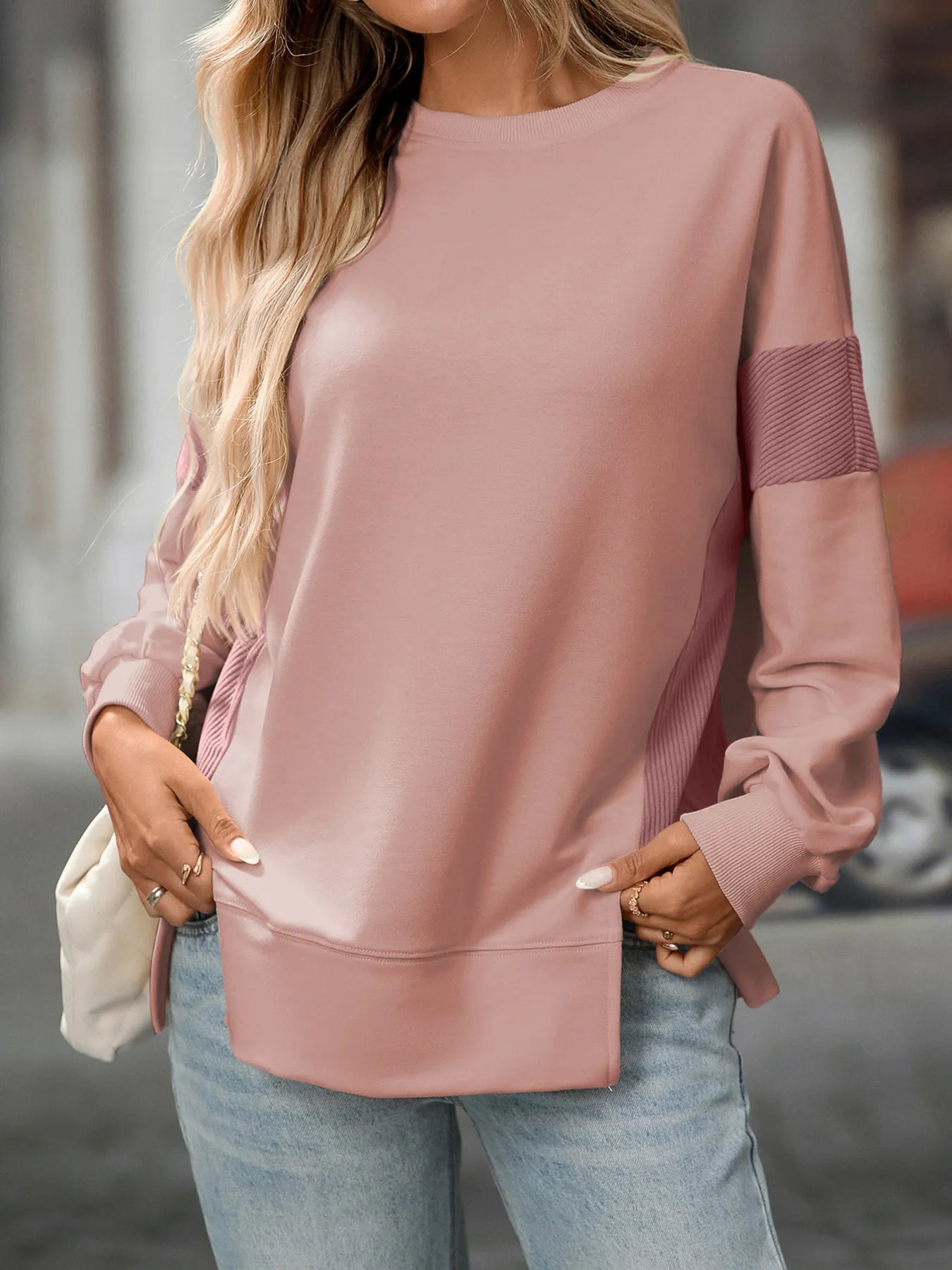 Slit Round Neck Long Sleeve Sweatshirt - Eco4life Clothing and Accessories