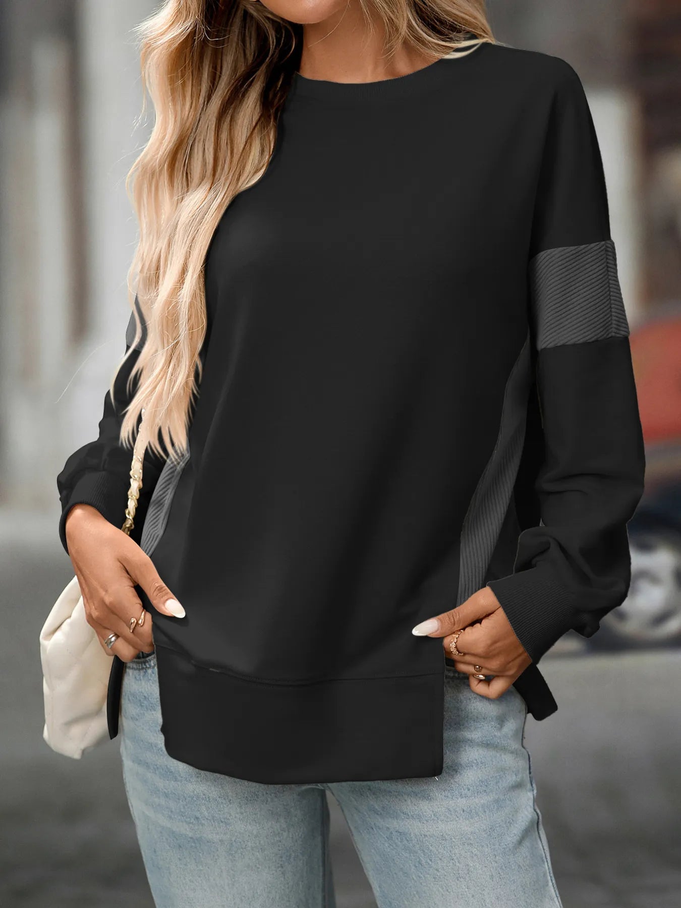 Slit Round Neck Long Sleeve Sweatshirt - Eco4life Clothing and Accessories