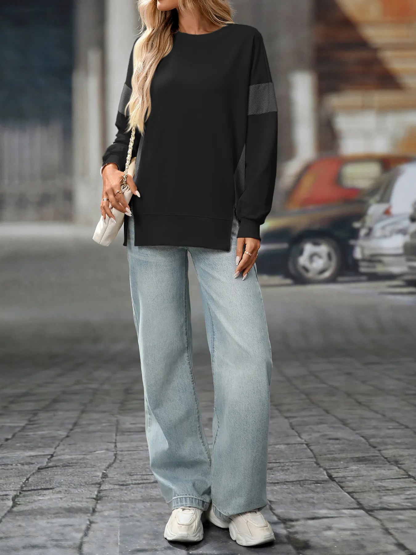 Slit Round Neck Long Sleeve Sweatshirt - Eco4life Clothing and Accessories