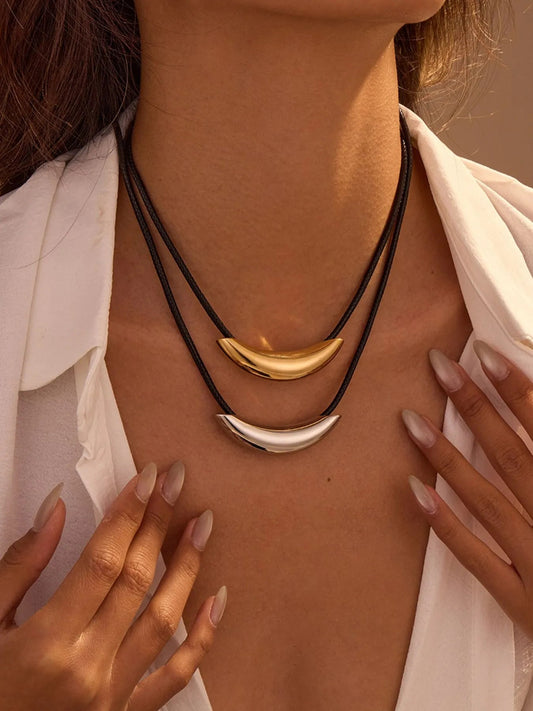 Stainless Steel Curved Bar Necklace with Leather Rope - Eco4life Clothing and Accessories