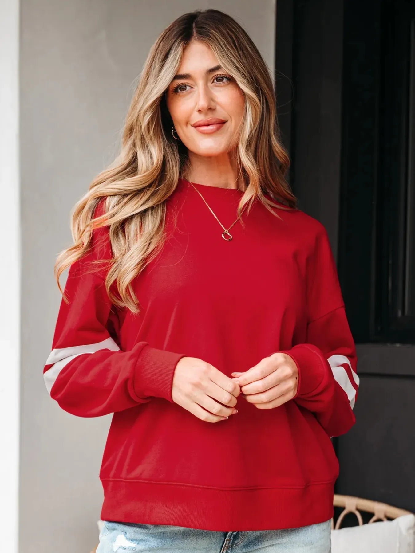 Stripe Round Neck Long Sleeve Sweatshirt - Eco4life Clothing and Accessories