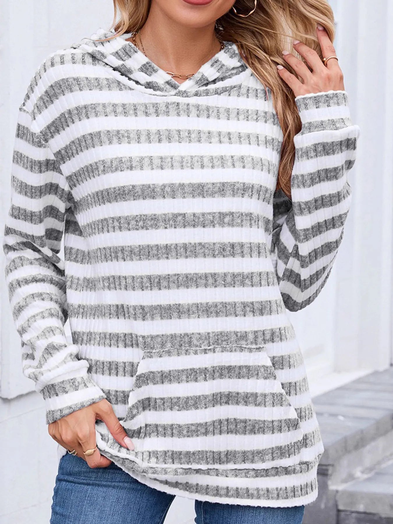 Striped Ribbed Knit Hoodie with Kangaroo Pocket - Eco4life Clothing and Accessories