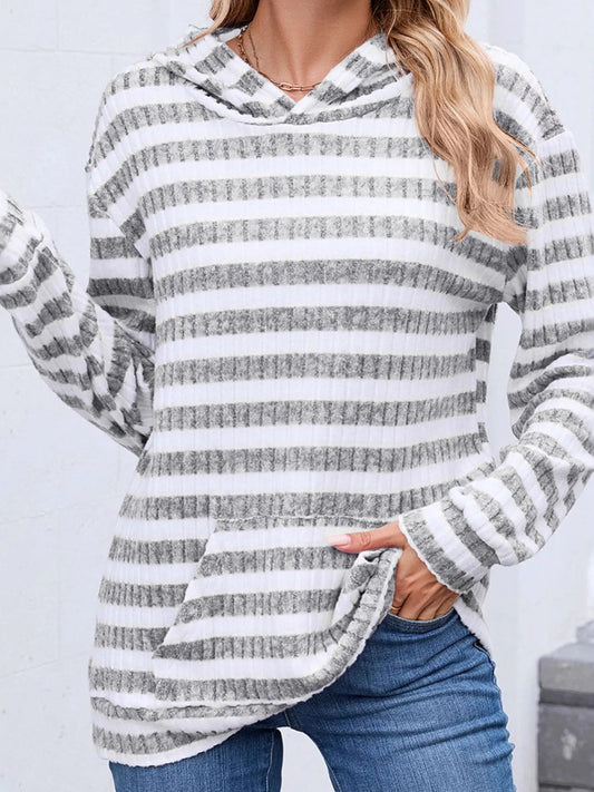 Striped Ribbed Knit Hoodie with Kangaroo Pocket - Eco4life Clothing and Accessories