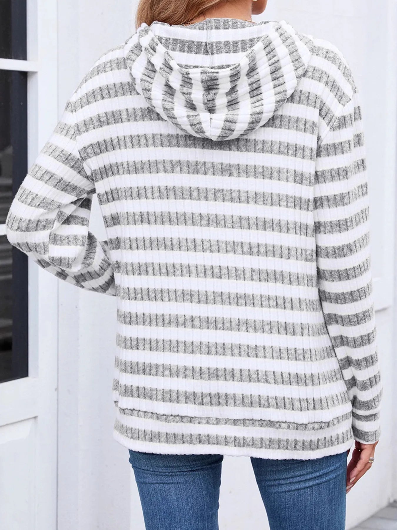 Striped Ribbed Knit Hoodie with Kangaroo Pocket - Eco4life Clothing and Accessories