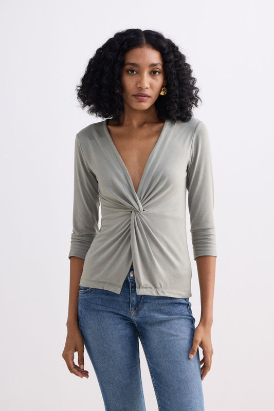 Twist Front Knit Shirt in Light Olive - Eco4life Clothing and Accessories
