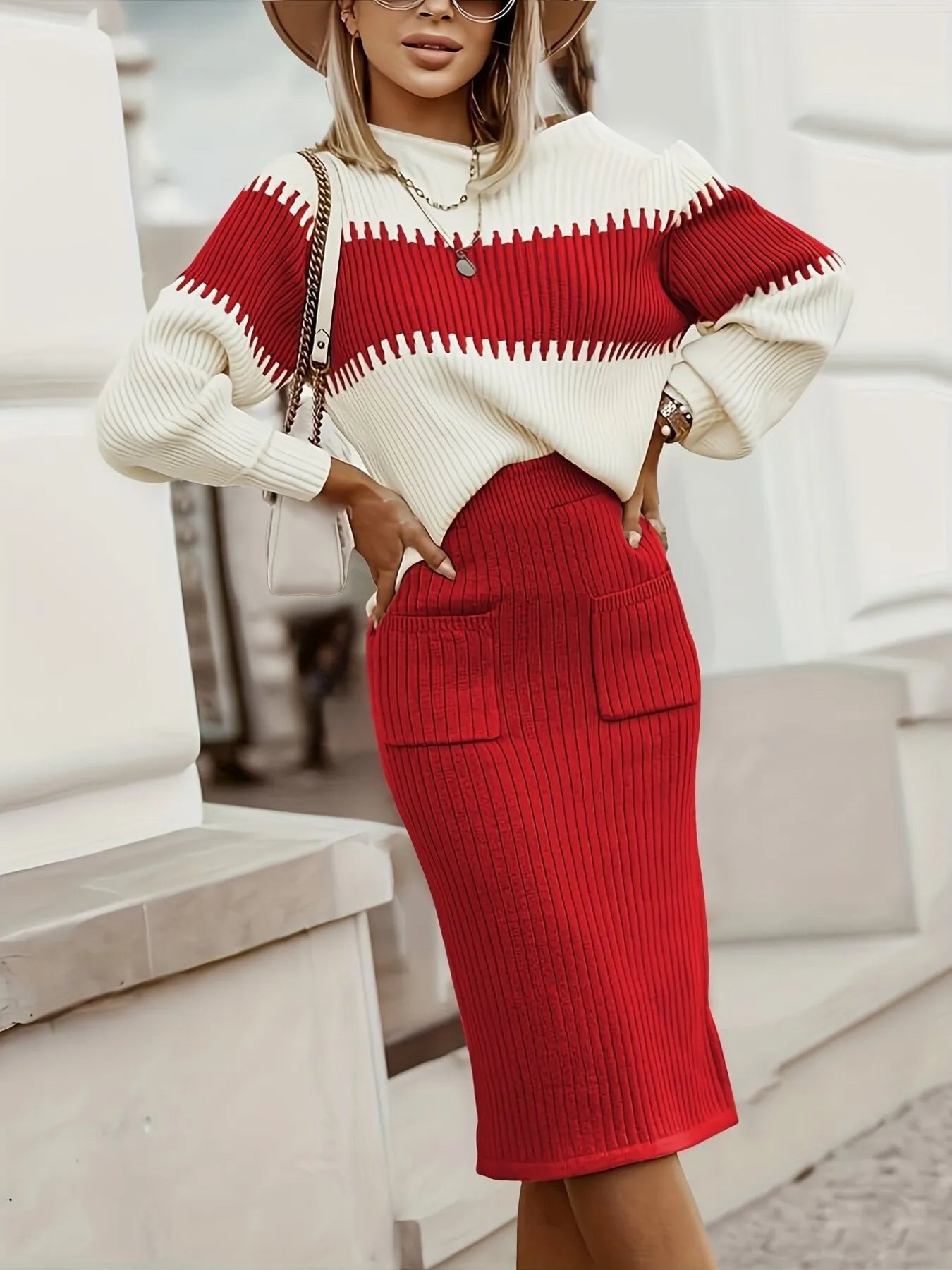 Two - Tone Ribbed Knit Top and Skirt Sweater Set - Eco4life Clothing and Accessories