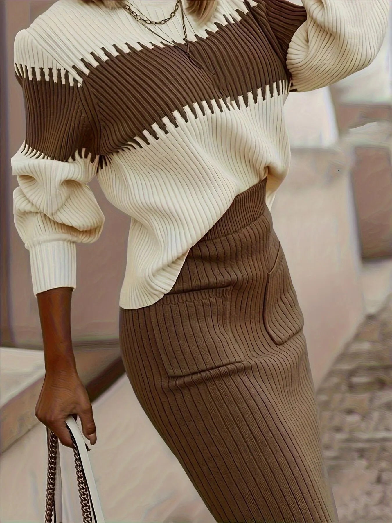 Two - Tone Ribbed Knit Top and Skirt Sweater Set - Eco4life Clothing and Accessories