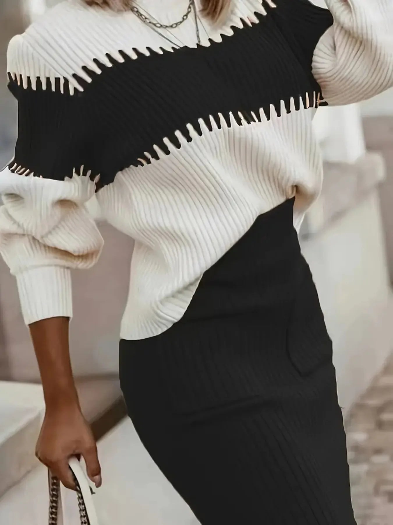 Two - Tone Ribbed Knit Top and Skirt Sweater Set - Eco4life Clothing and Accessories