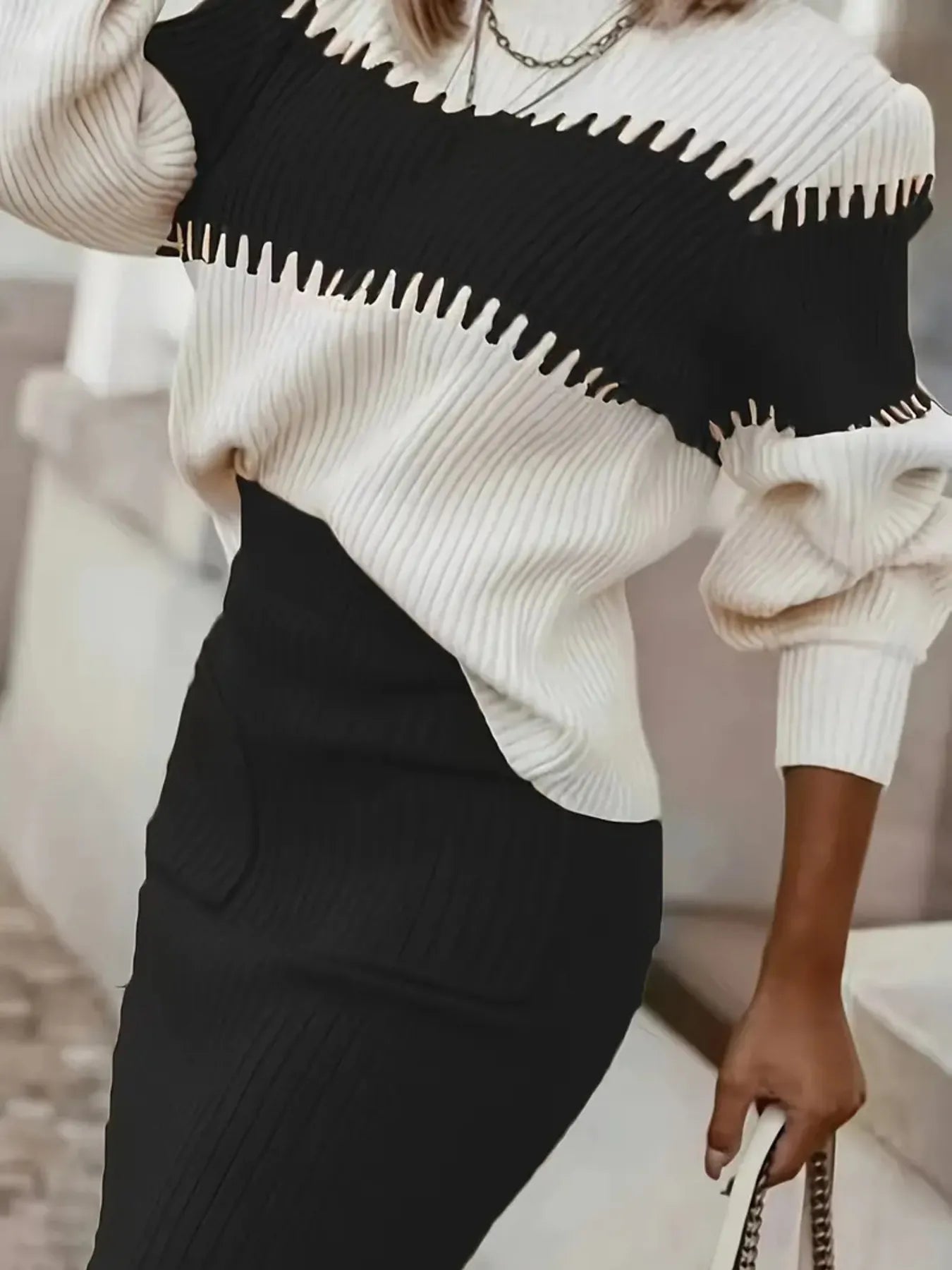 Two - Tone Ribbed Knit Top and Skirt Sweater Set - Eco4life Clothing and Accessories
